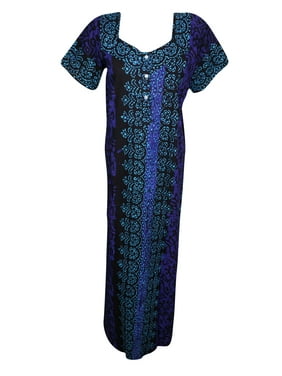 Mogul Womens Maxi Caftan Nightgown Printed Cap Sleeve Summer Comfy Cotton Cover Up Kaftan Nightwear House Dress L