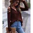 thumbnail image 2 of Mujer Manga Larga Top Cuello En V Cremallera Hombro Frío Color Puro Tipo Suelto Camiseta Casual Vino Rojo XL, 2 of 7