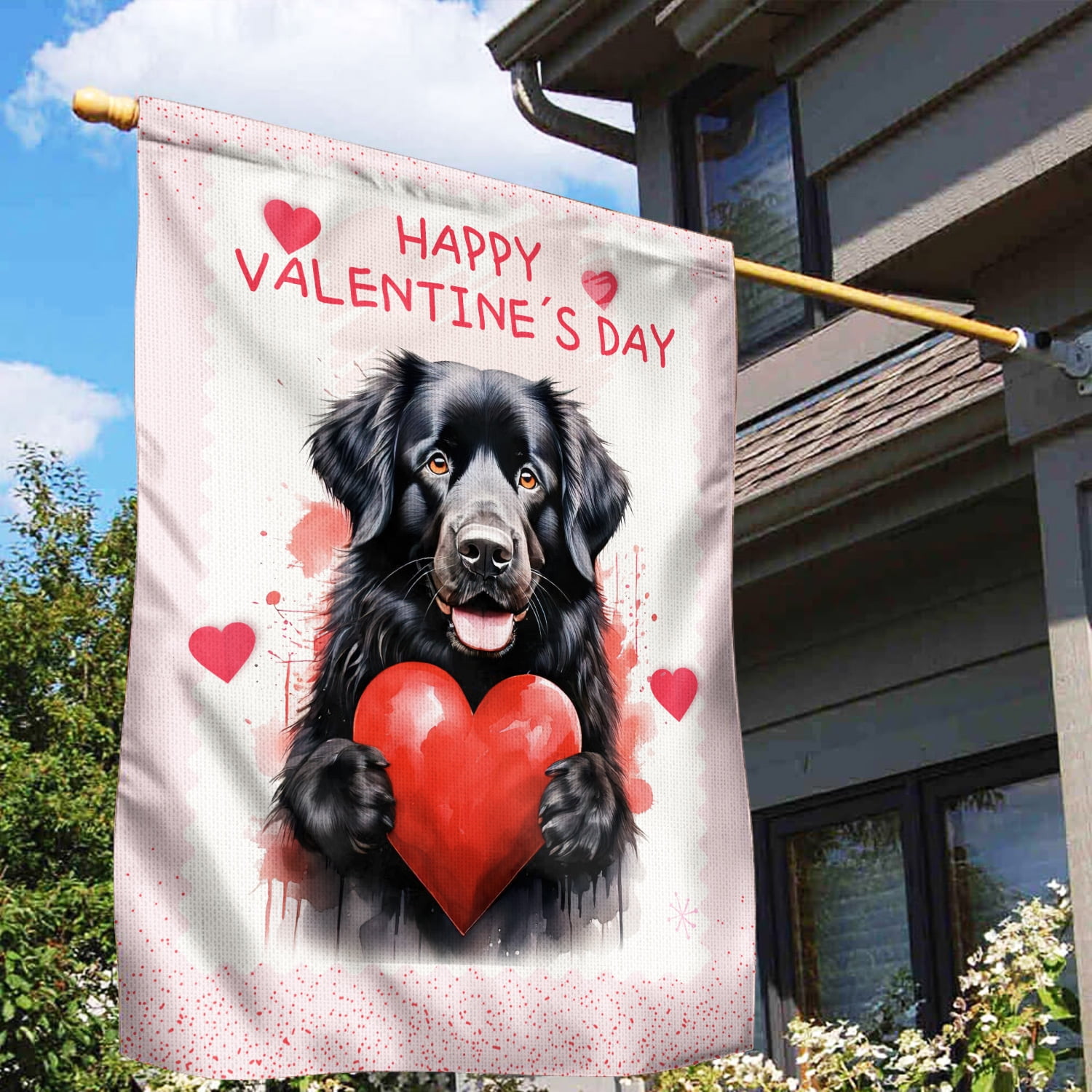 Happy Valentine's Day Newfoundland Brings Love Heart House Flag 28x40in Double Sided Newfie Dog Lover Gifts Outdoor Decor - 02028