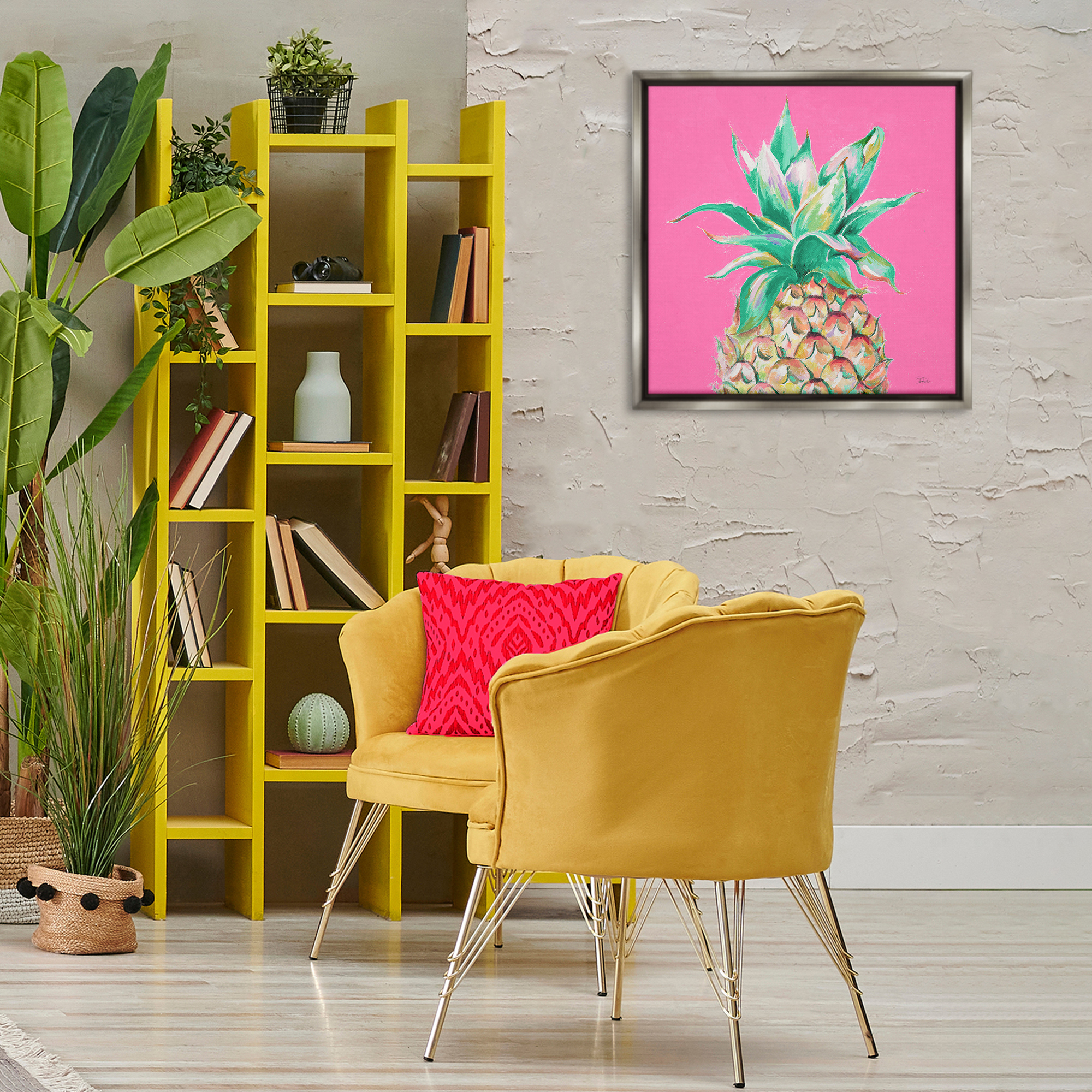 Stupell Industries Pineapple on Pink Food & Beverage Painting Gray Floater Framed Canvas Art Print Wall Art, 25 x 25