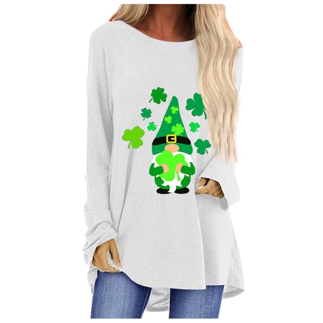 Pompotops T-Shirt à Manches Longues Col Rond Femme Casual St. Patrick Top Chemisier