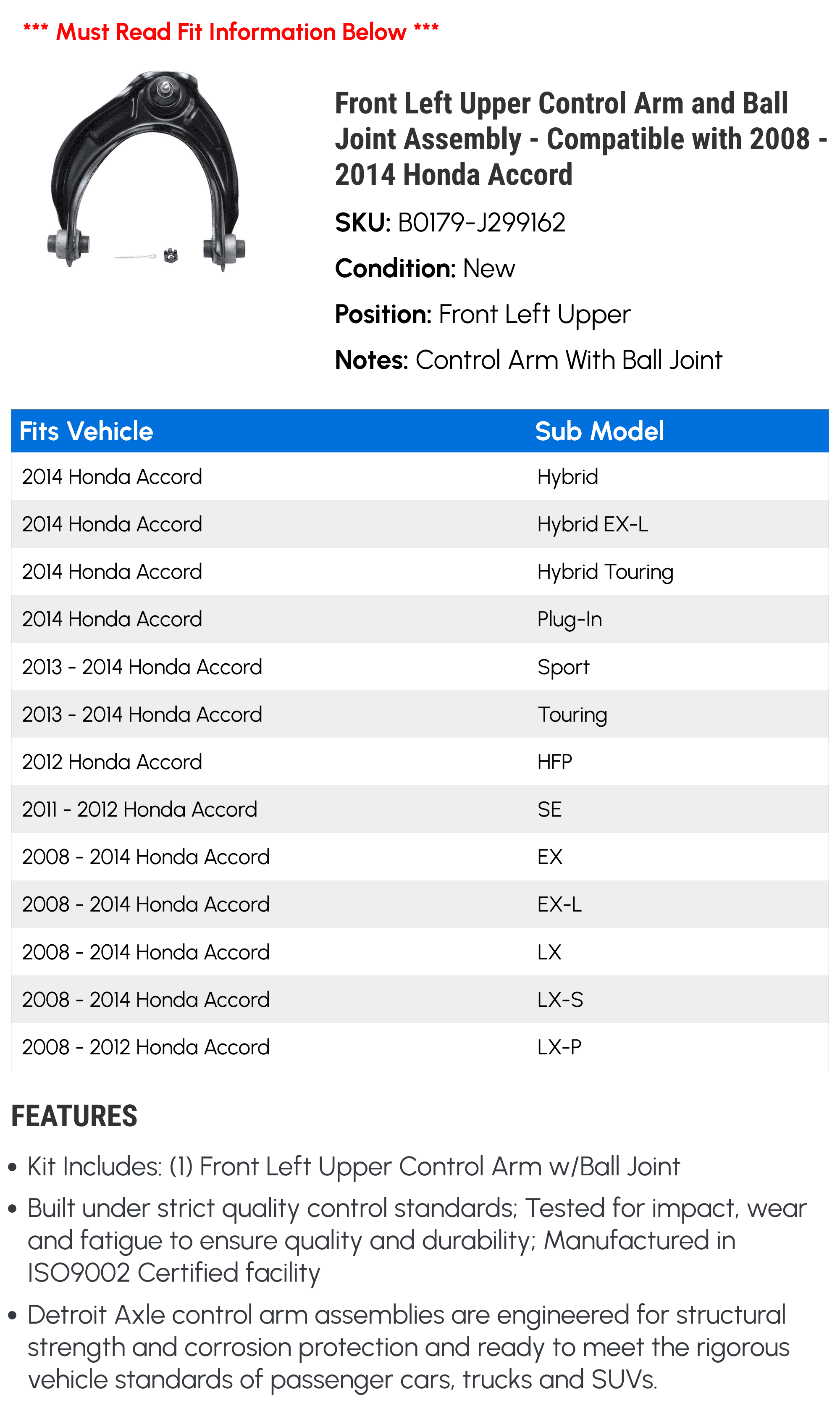 Front Left Upper Control Arm and Ball Joint Assembly - Compatible with 2008 - 2014 Honda Accord 2009 2010 2011 2012 2013