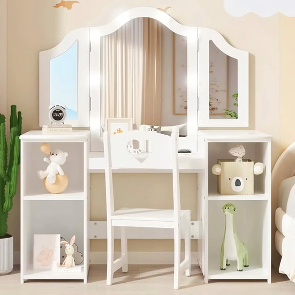 Kids Vanity Table and Chair Set – Girls Vanity with Princess Makeup Desk & Stool, Tri-Folding Mirror & Storage Shelves for Bedroom, White