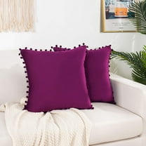 Elegant Comfort Pom-Poms Fringe Velvet Cushion Covers, Set of 2, Soft Decorative Square Throw Pillow Covers for Couch or Bed, Livingroom 20 x 20 Inch (50 x 50 cm), Purple