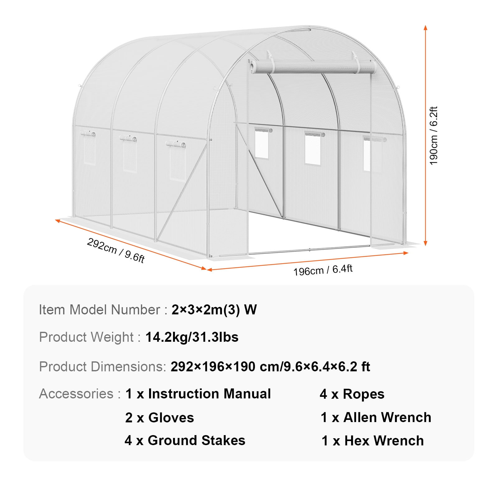 KFFKFF Walk-in Tunnel Greenhouse, 10x7x7 ft, Featuring a Durable Galvanized Steel Frame and White PE Covering, Equipped with a Roll-up Zipper Door and 6 Ventilation Windows