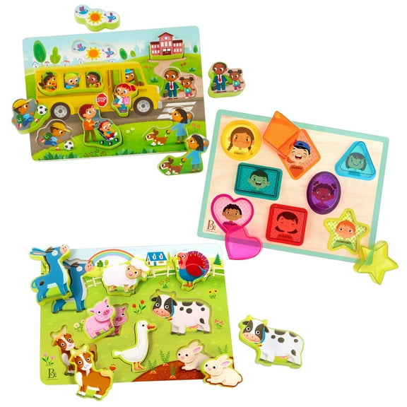 B. Toys Chunky Wooden Puzzles Peek & Explore – Farm, School, Shapes & Emotions