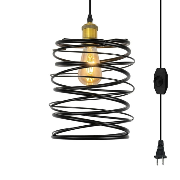 Kiven Plug in Pendant Light, Farmhouse Hanging Light Fixture with Iron Cage Lampshade, E26 Socket Dimmable Pendant Light for Bedroom Hallway Kitchen,Antique Gold Socket