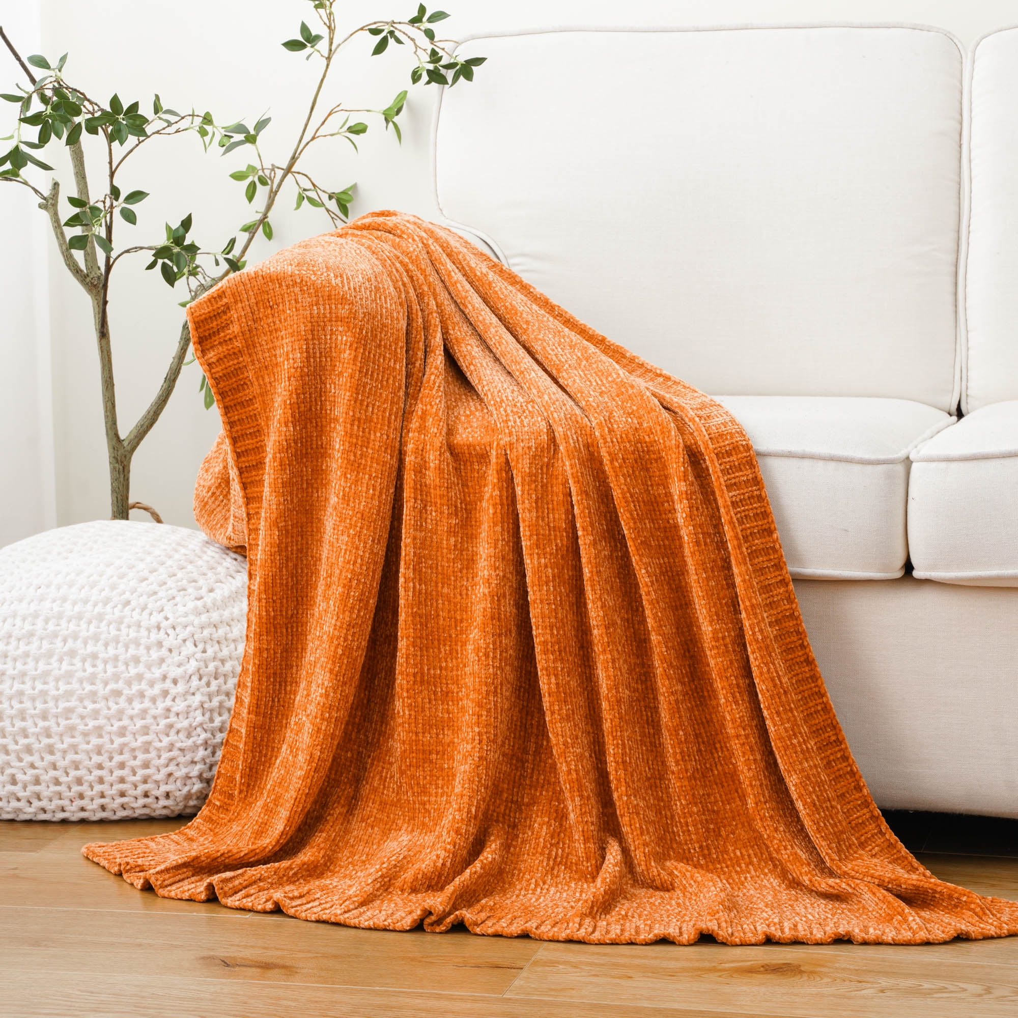 Battilo Orange Throw Blanket Chenille Knit Throws for Couch Bed, Super ...