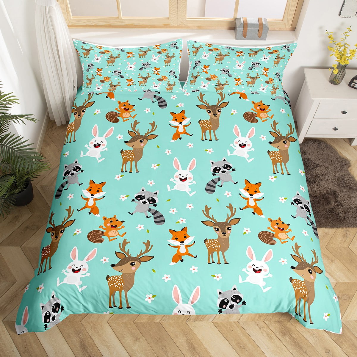 Kawaii Room Decor,Cartoon Animal Comforter Cover Squirrel Raccoon Duvet
