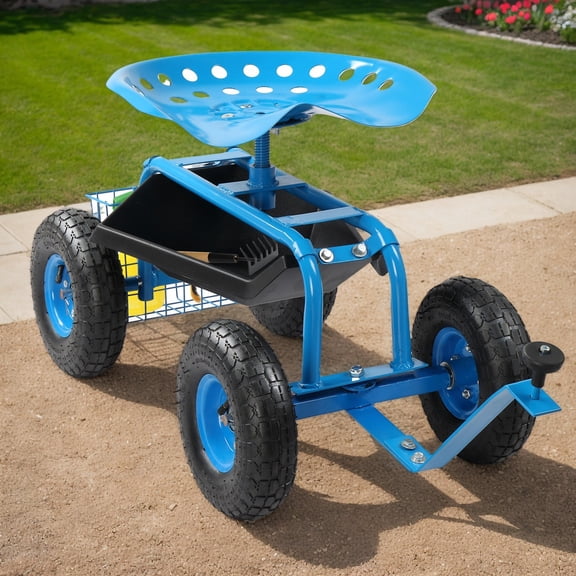 Multipurpose Blue Rolling Garden Scooter with Swivel Seat, Tool Tray, and Wheels, Planting Stool with Steering Handle, Perfect for Multiple Garden Tasks, Ergonomic Comfort, Work Seater, Durable