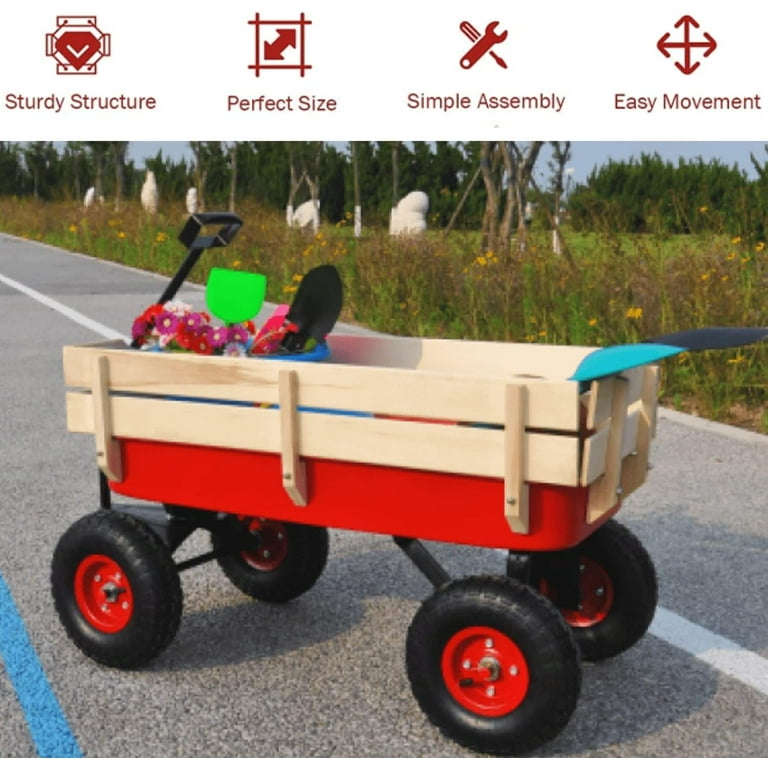 All Terrain Wagons For Kids Wagon With Removable Wooden Side Panels, Garden Wagon With Steel Wagon Bed, Folding Wagons For Kids/ Pets With Pneumatic Tires