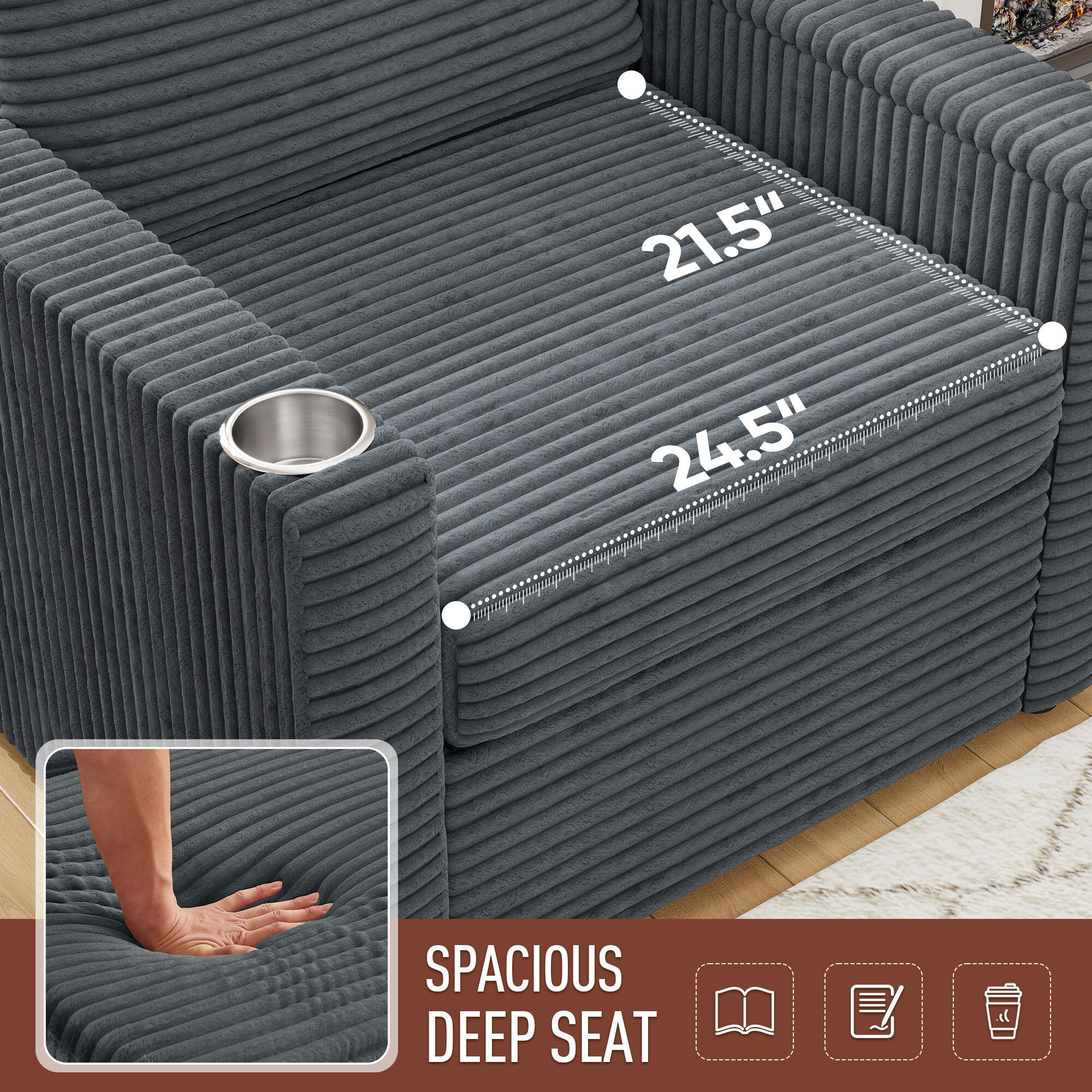 Lunale Accent Chair with Storage Ottoman, Indoor Lounge Chair with USB & Table Board, Cozy Corduroy Sofa Armchair for Living Room, Gray
