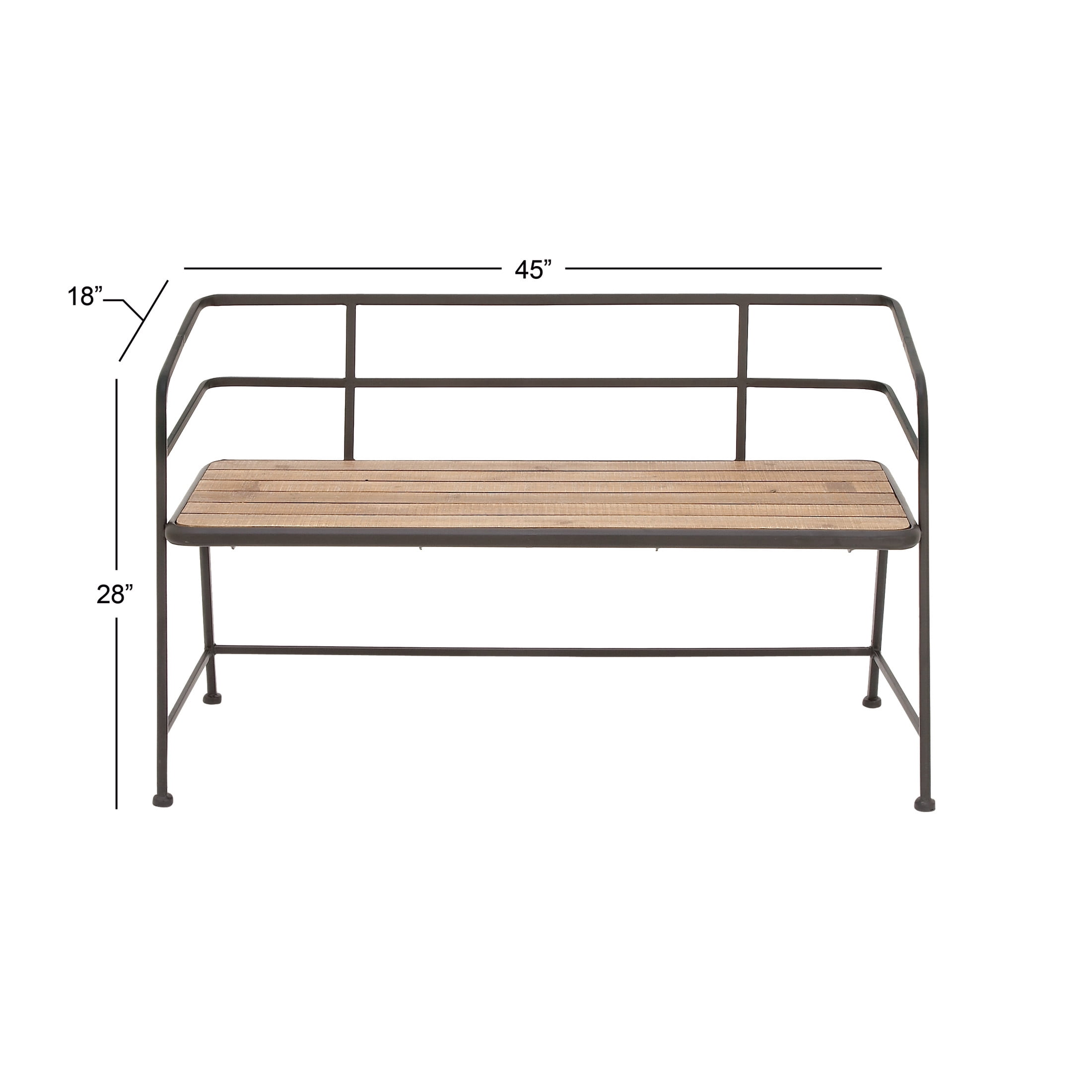 DecMode Metal Bench with Brown Wood Seat, Black