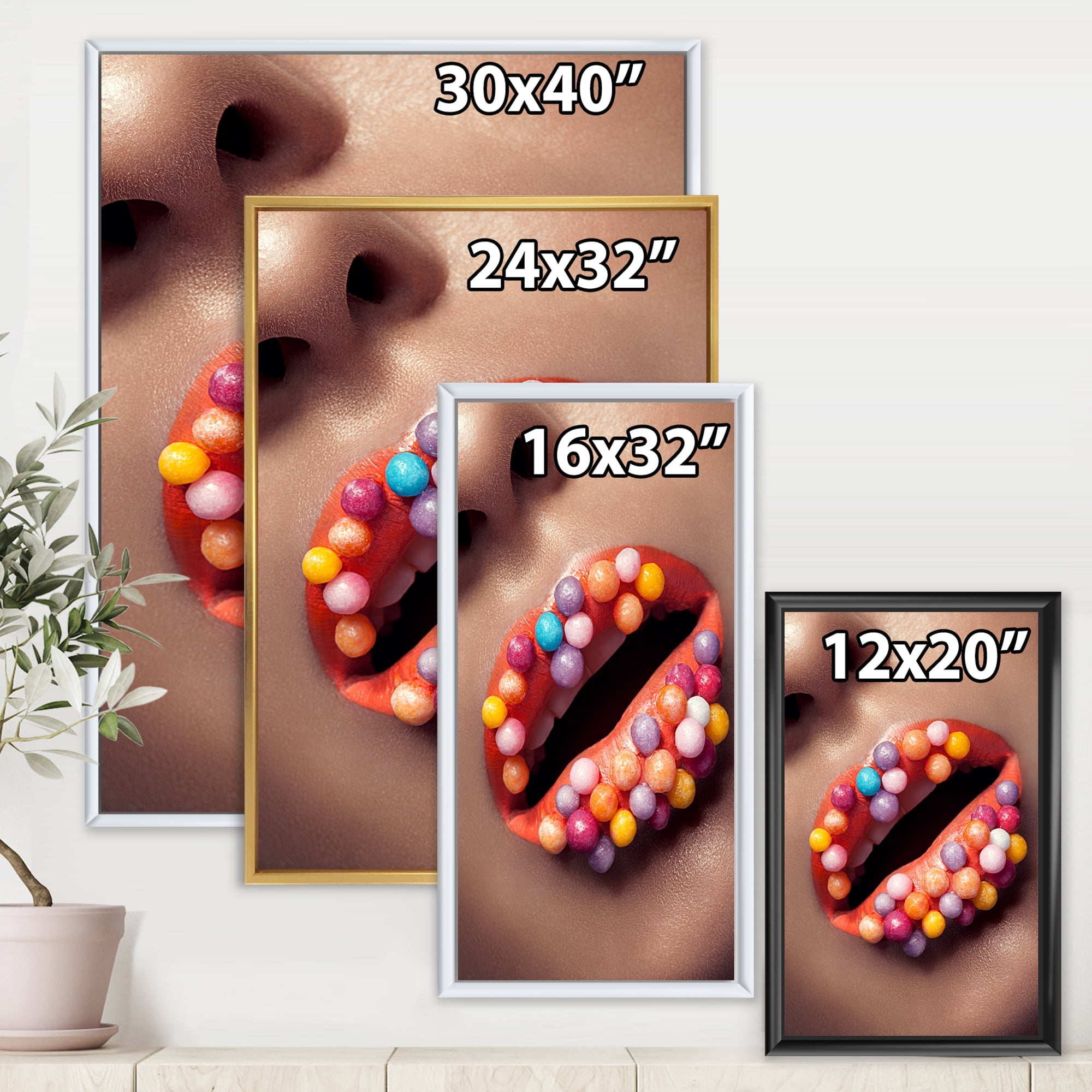 Close Up of Creative Make Up On Woman Lips With Lollipops 16 in x 32 in Framed Photography Canvas Art Print, by Designart