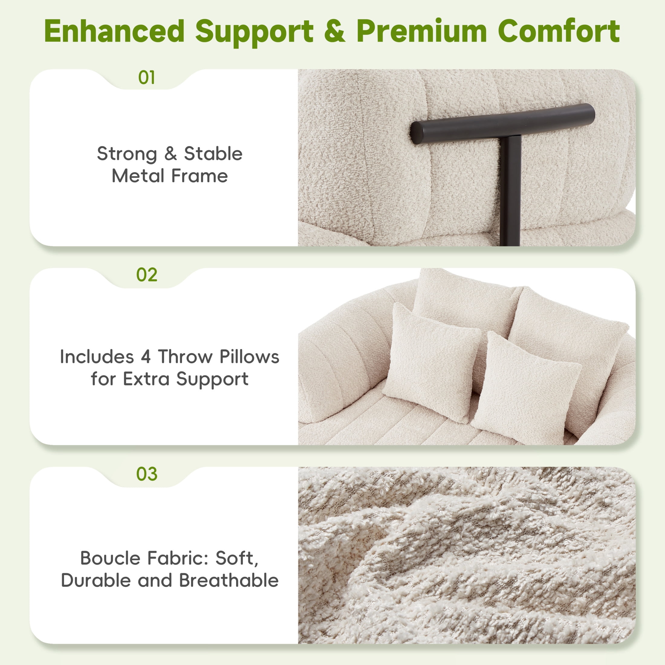 Noble House Quincia 64" Oversized Boneless Chaise Lounge with Boucle Upholstered, Cozy Comfy Cloud Sofa Bed, Beige