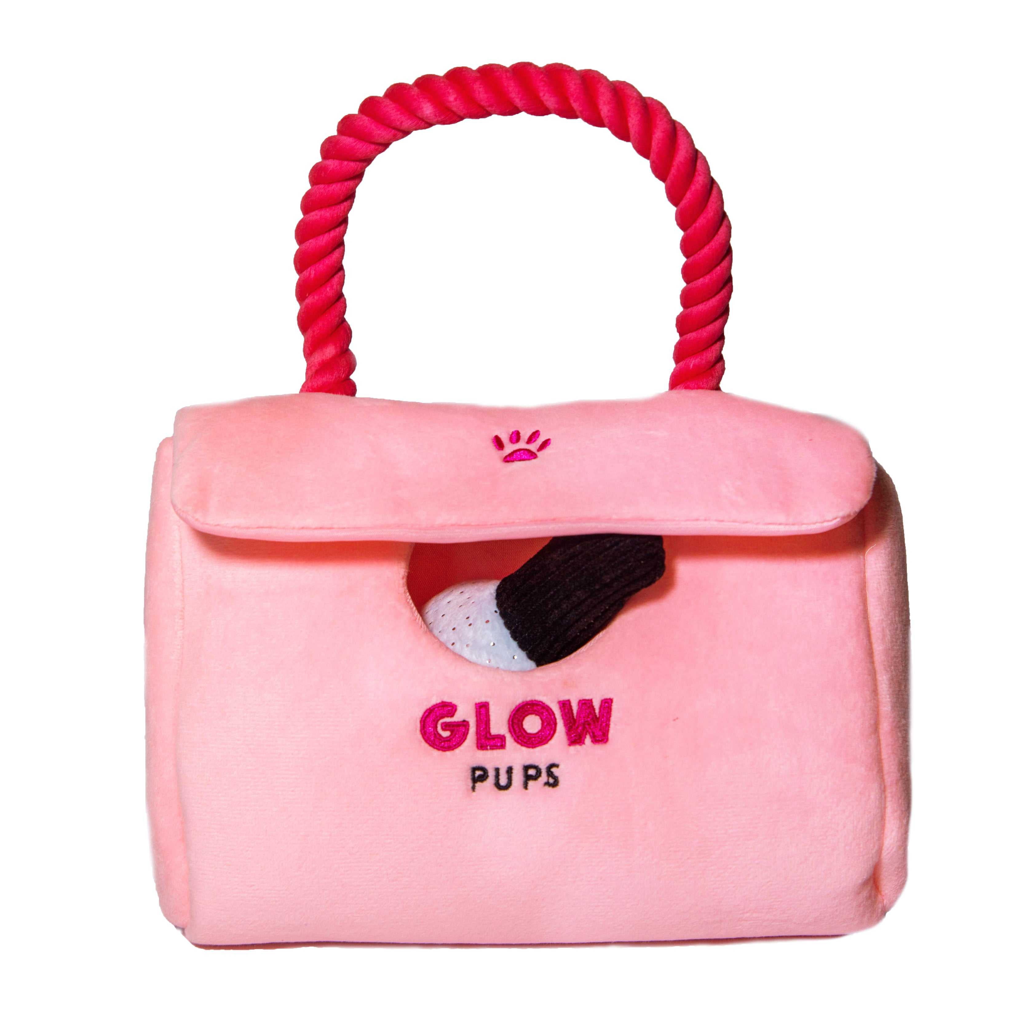 Glow Pups Washable Burrow & Hide and Seek Dog Toy with Plush Lipstick, Nail Polish and Cellphone, Pink Purse