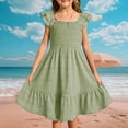 thumbnail image 2 of Inglocry Girls Summer Dresses Cute Double Layer Ruffle Sleeve Solid Color Smocked Flowy Dress 6-15 Years Green 5-6Y, 2 of 6