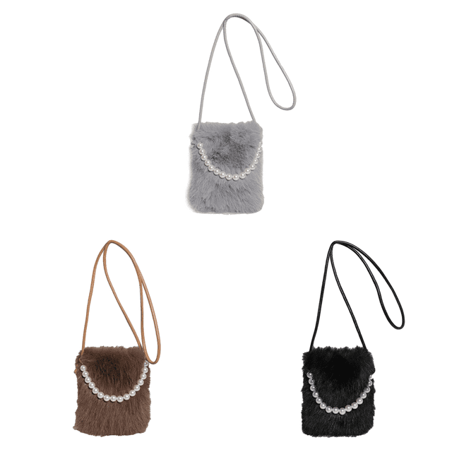 Bolso Hombro Piel Sintética para Mujer Con Cadena Perlas Hobo Esponjoso Fiesta (gris)