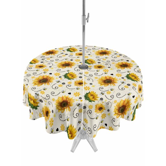 Outdoor Tablecloth with Umbrella Hole for Patio/Picnic/Party/Camping, Vintage Sunflower Waterproof Table Cloth Round Cover Washable, Summer Botanical Farmhouse Floral (Dia 54")