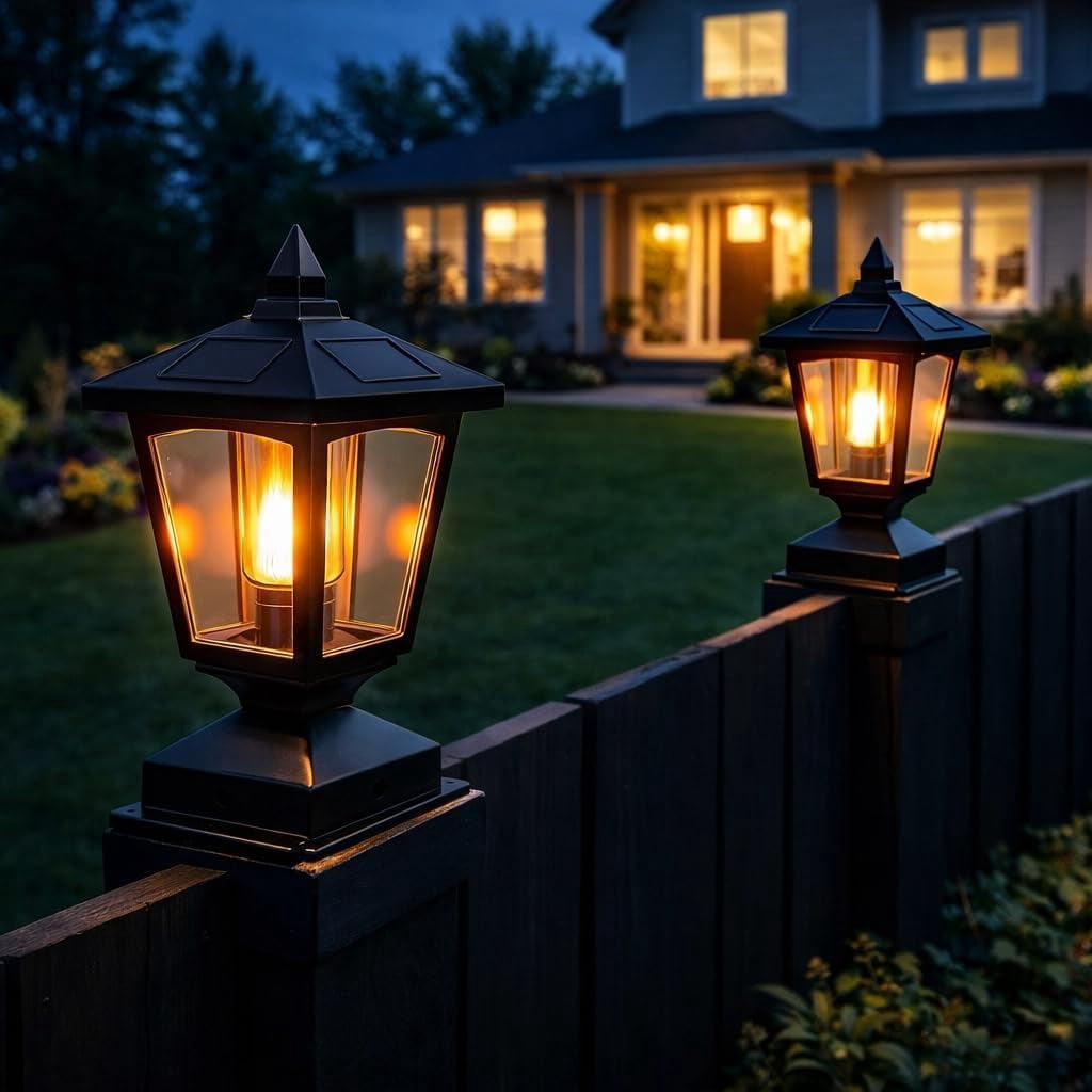 4X4 5X5 6X6 Solar Powered Post Cap Light, Outdoor Lantern, Black, Warm Flame Effect, Garden Fence Pillar Lamp