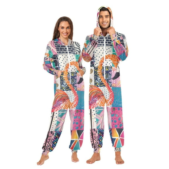 Abstract Flamingo Adult Onesie Pajamas Slim Fit Christmas One Piece Suit Pjs for Women and Men Hooded Zipper