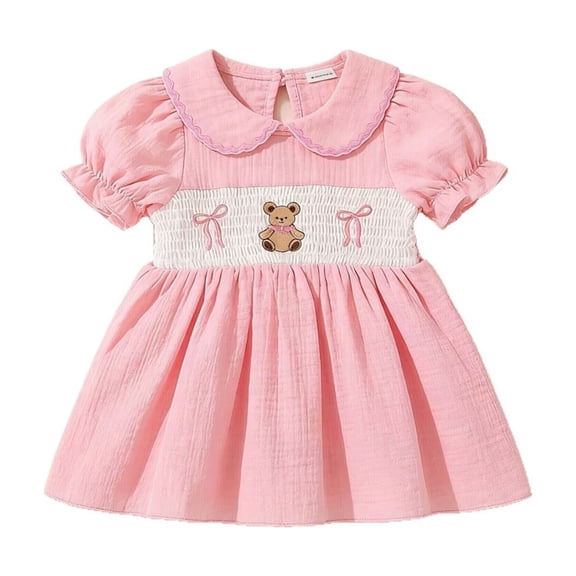 Weebloom Baby Girl Summer Dress Peter Pan Collar Dress Cute Bear Embroidery Short Sleeve Baby Girls' Dresses Pink 12-18 Months