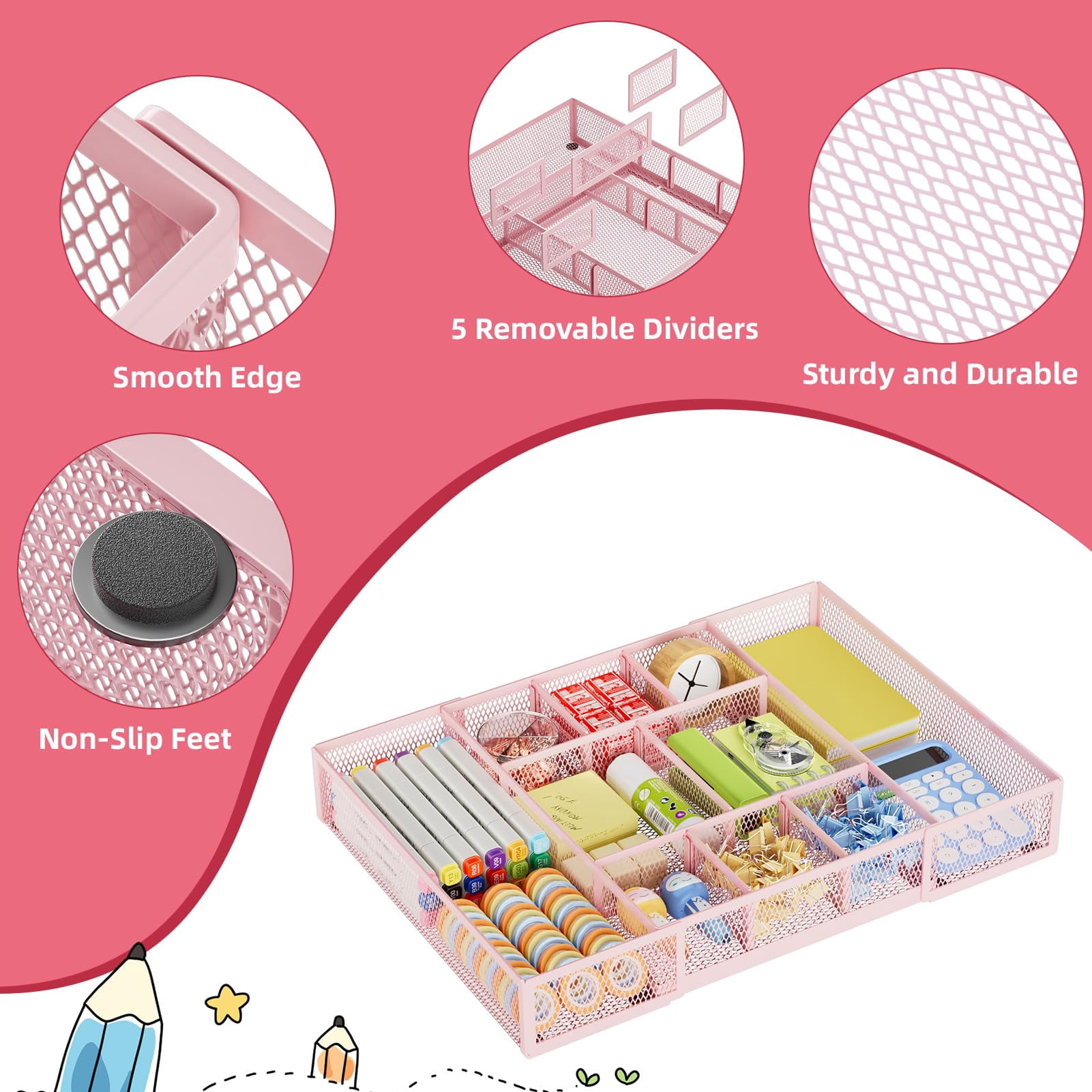 Expandable Desk Drawer Organizer  Mesh Tray With 10 Adjustable Compartments Organizers For Office Supplies Makeup & Vanity (expandable-pink)