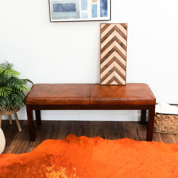 Tan Leather Upholstered | Mid - Century Modern Bench for Home Upgrade | Tapered Solid Wood Legs for Aesthetic Appeal