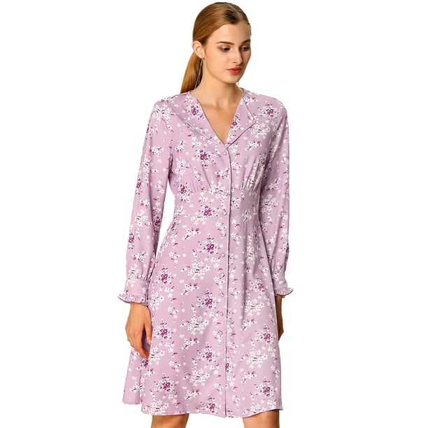 Vestido Midi Estampado Floral Allegra K Otón Abajo De Solapa Vintage Para Mujeres Púrpura L