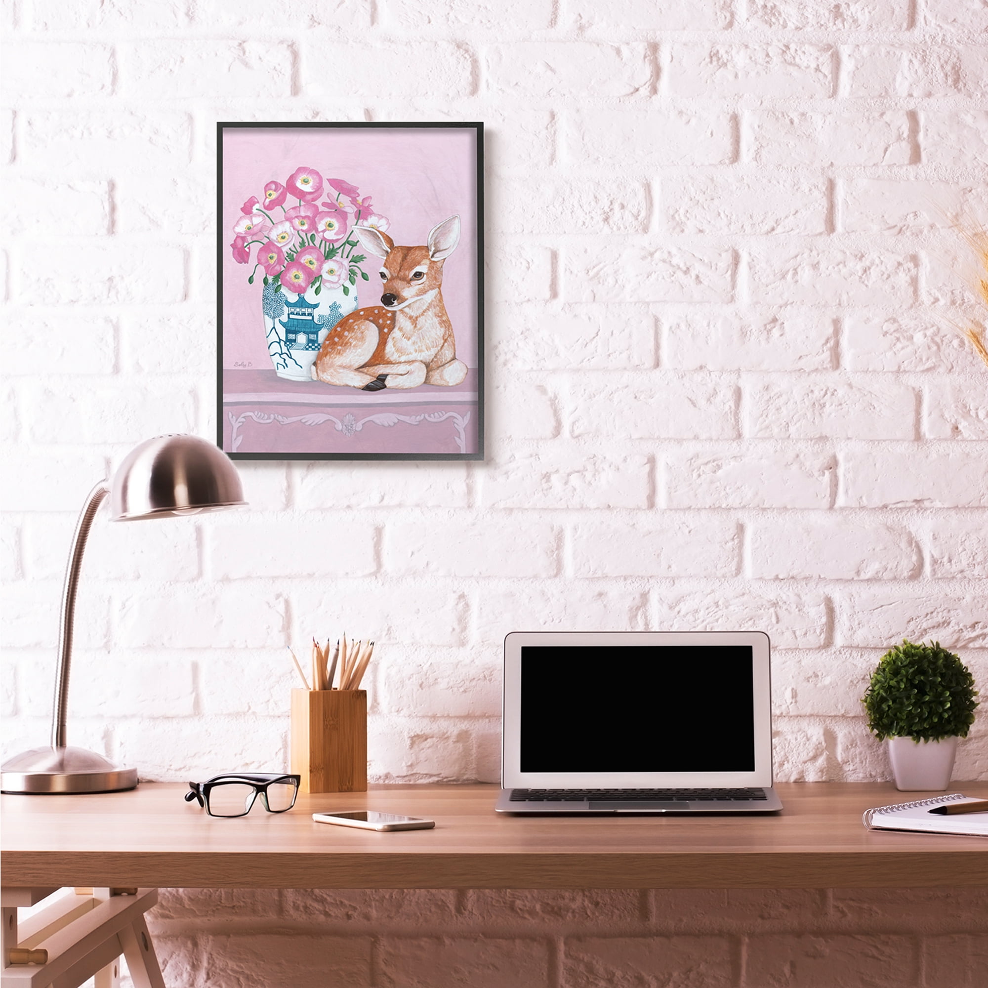 Stupell Industries Flower Vase And Deer Pink Animal Painting Black Framed Art Print Wall Art, 24x30, by Sally B