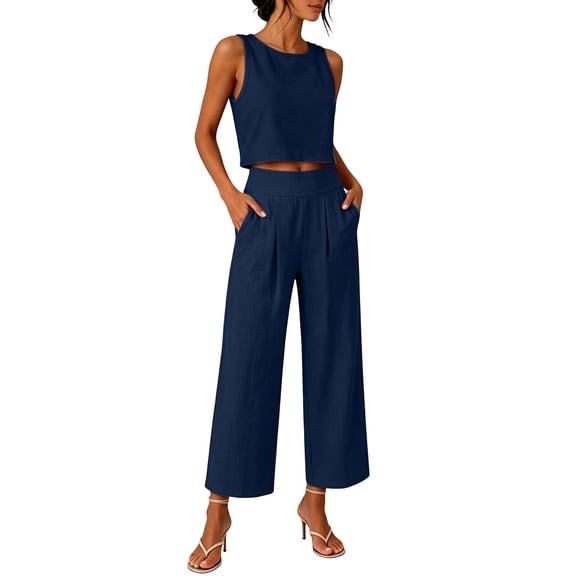 Enjoytime Two Piece Sets for Women Round Neck Tank Tops with Pants Matching Set Travel Casual Work Summer Plus Size Outfits