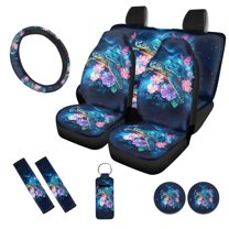 Uorisanigo Sea Turtle Flower 10 Pieces Auto Accessories Set with Comfortable Car Seat Covers and Steering Wheel Cover Car Seat Belt Cover Auto Water Cup Pad Chapstick Holder for Cars SUVs