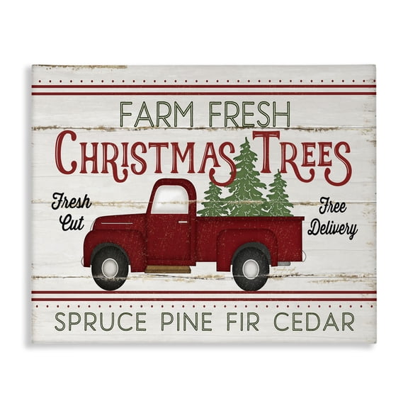 Stupell Industries Rustic Lodge Farm Fresh Christmas Trees Red Truck Holiday Word Design Canvas Art, 20 x 16, by Jennifer Pugh