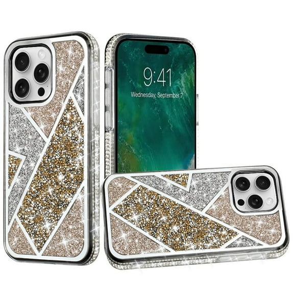 For Apple iPhone 16 Pro Max (6.9") Cute Fancy Glitter Bling Diamond Rhinestone Sparkly Bumper Fashion Shiny Hybrid Rugged TPU Cover ,Xpm Phone Case [ Gold ]