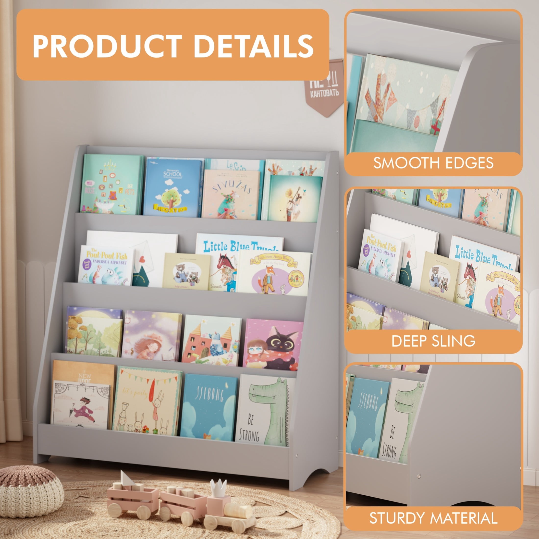Noble House Aldo 4-Tier Kids Display Bookshelf, Wooden Toddler Book Organizer, for Kids Room, Gray