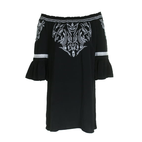 Charter Club Embroidered Bell Sleeve Dress Deep Black M