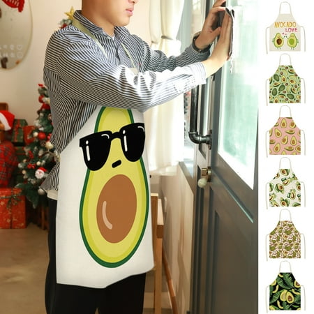 

Cooking Apron Soft Texture Grease Resistant Flax Avocado Printed Kitchen Long Bib Household Accessories