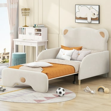 Euroco Upholstered Twin XL Platform Bed, Cartoon Bear Shaped Stretchable Sofa Bed for Kids and Toddler, Adjustable Armchair