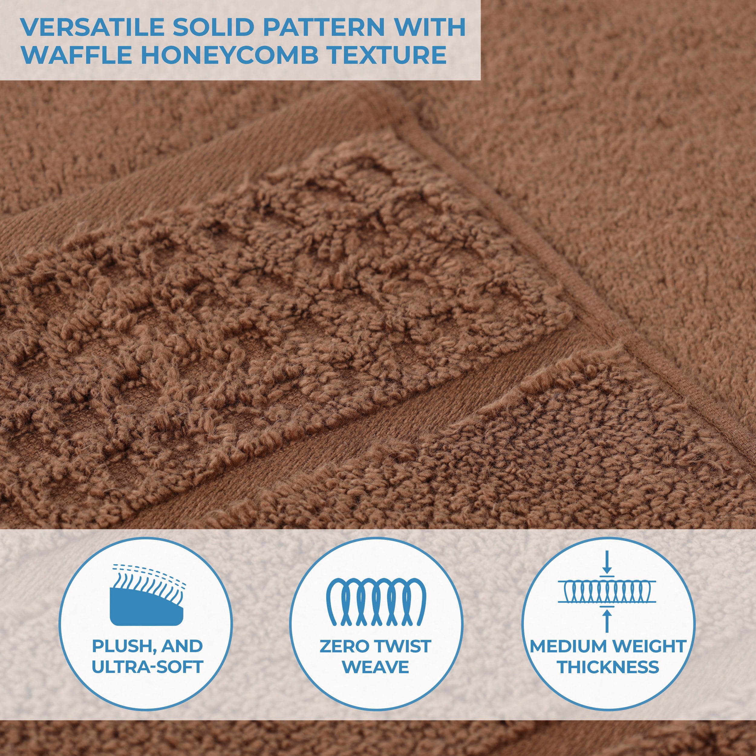 Superior Zero Twist 3-Piece Cotton Bath Towel Set, Waffle Border Ultra Doft Quick Dry Towels, Chocolate