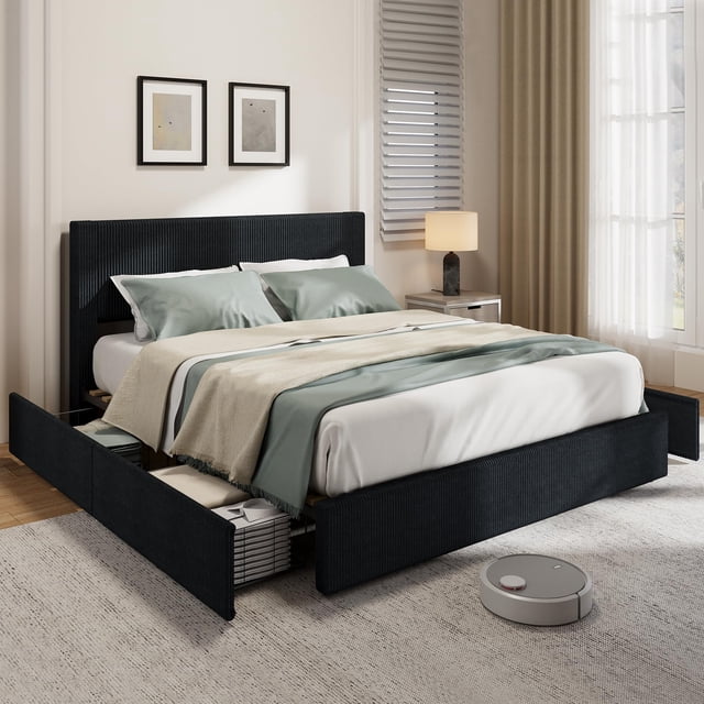 Upholstered Bed Frame with 4 Drawers, Platform Storage Bedframe, Corduroy Channel Tufted Headboard, Wooden Slats Support, No Box Spring Needed