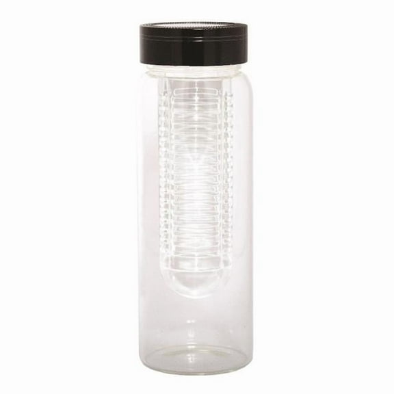 Debco WB8437 500 ml 17 oz Water Bottle with Fruit Infuser - Clear Glass Bottle / Black Lid