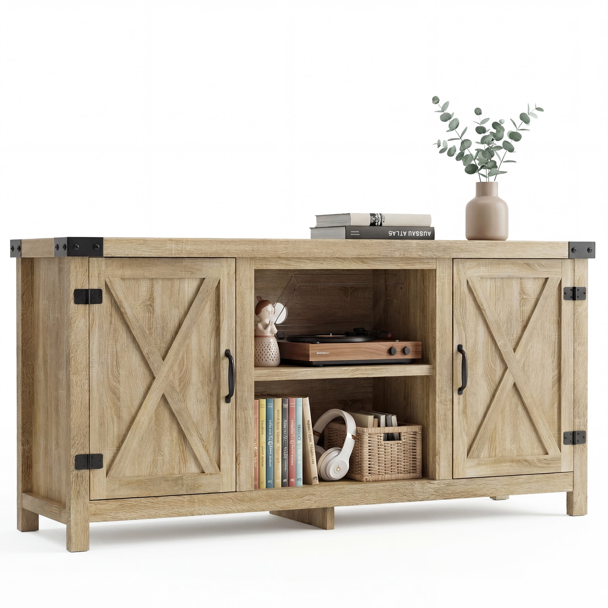 Vineego TV Stand for 65 Inch TVs, Farmhouse Oak Storage Cabinet with Cable Management and Hidden Compartment