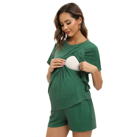 

Women Maternity Nursing Pajama Set Breastfeeding Sleepwear Double Layer Short Sleeve Top & Adjustable Pregnancy Shorts