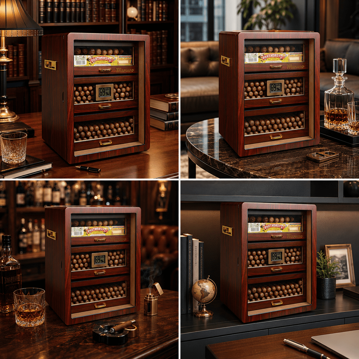 Marvero Cedar Wood Cigar Humidor Cabinet, Digital Hygrometer, 3 Movable Drawers, Double Glass Door, Gold-Plated Hardware, Humidifier, Holds Up to 100-200Cigars