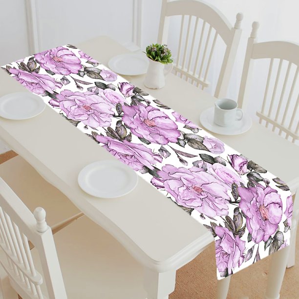 ABPHQTO Purple Flowers And Leaves On White Floral Flower Rose Table
