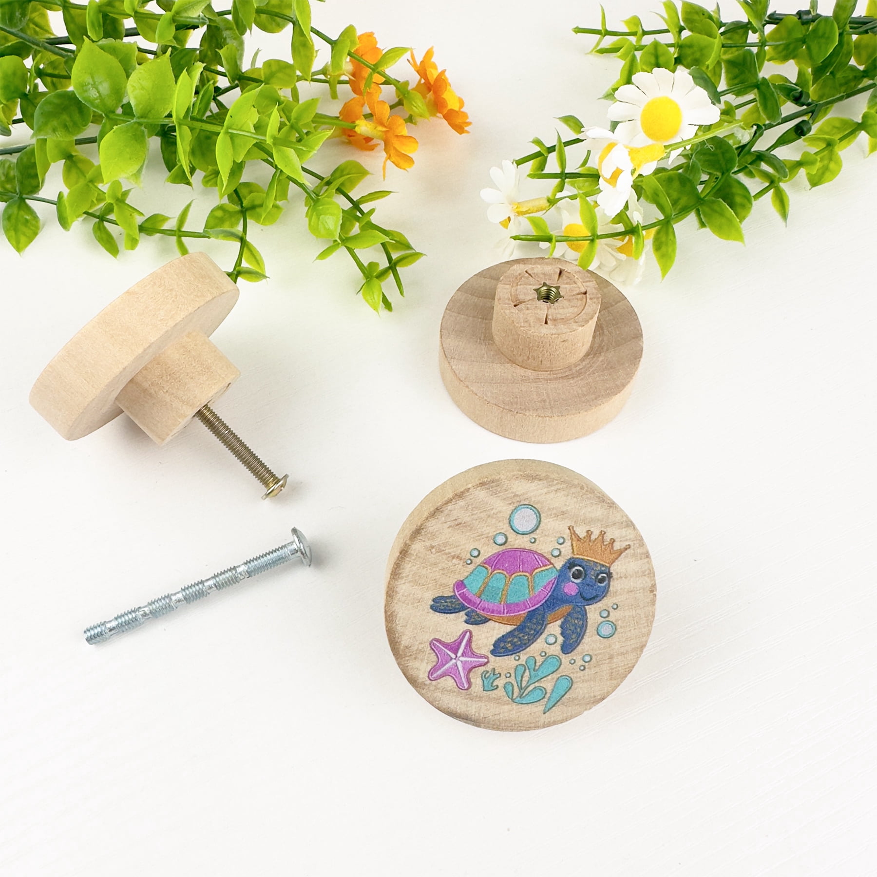 Jamjam 8Pack 1.5" Wooden Cute Ocean Animals Drawer Pulls Cupboard Cabinet Knob Nursery Kids Room Turtle Whale Seastar Dresser Drawer Knobs
