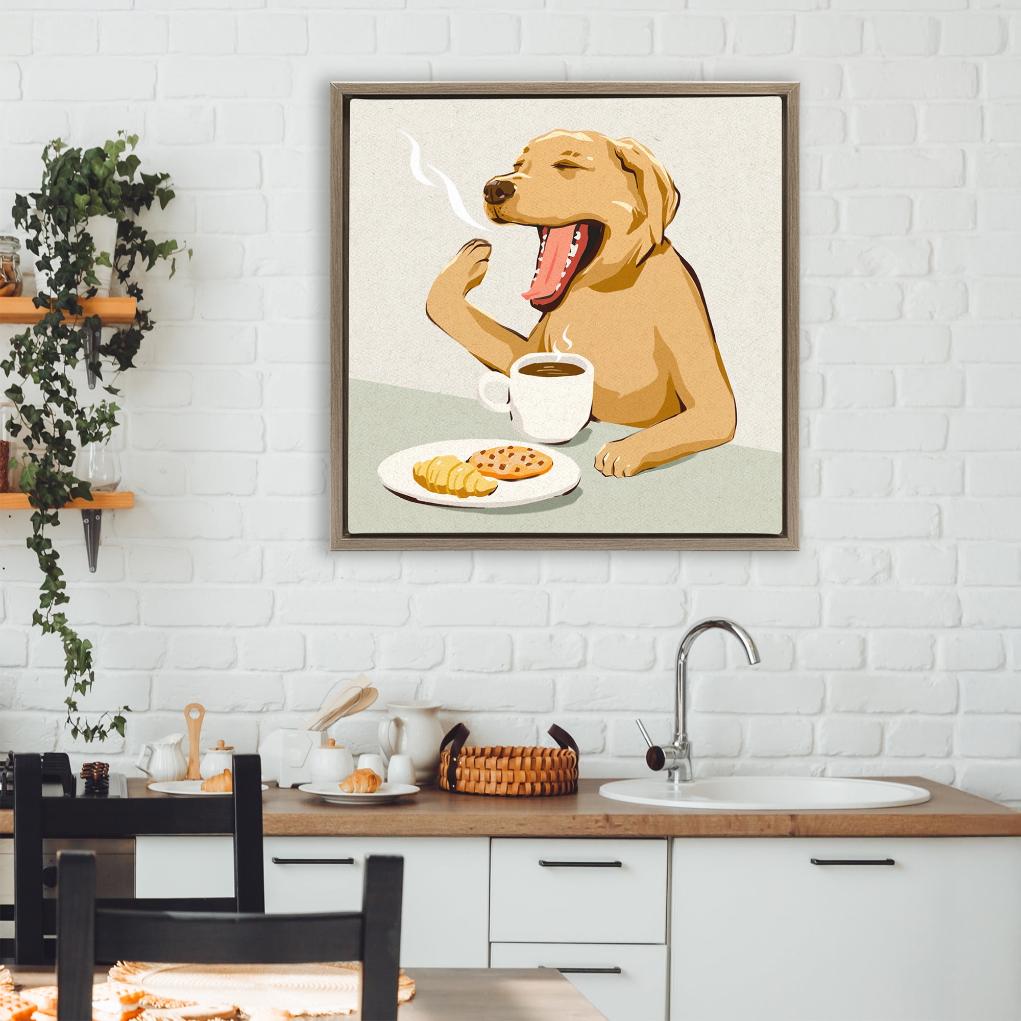 Stupell Industries Yawning Dog Morning Coffee Brown Framed Floater Canvas Wall Art, design by Ziwei Li