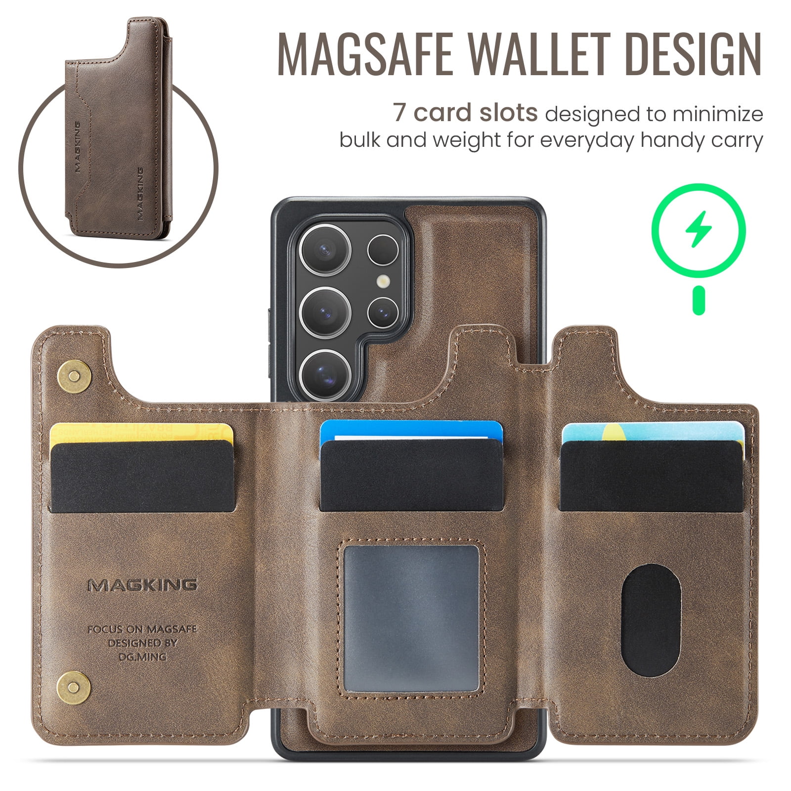 Designed for Samsung Galaxy S24 Ultra Wallet Phone Case,Magnetic Detachable Flip Card Holder,Back Flip Kickstand,Compatible with Mag-Safe,2-in-1 PU Leather Heavy Duty Shockproof Phone Case,Coffee
