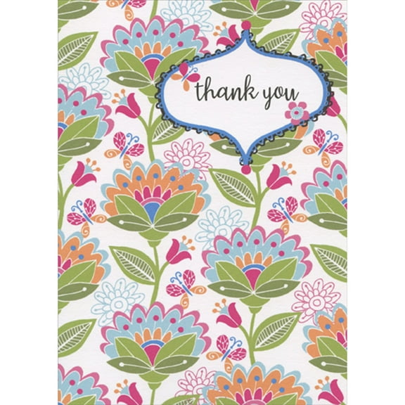 RSVP Thank You White Teardrop Banner: Repeated Pink, Blue, Orange Flowers Administrative Professional's Day Card