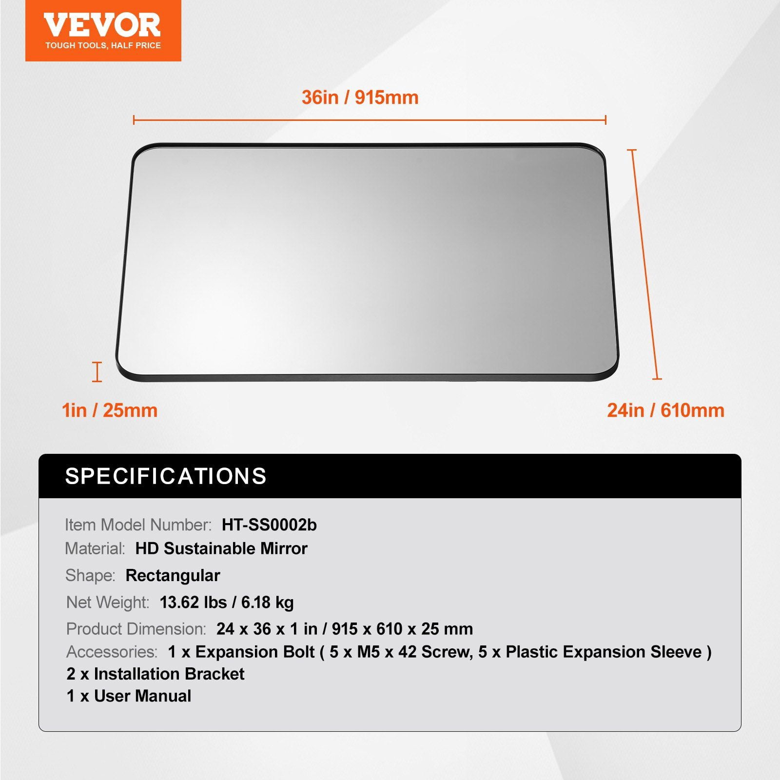 Wall Mounted Makeup Mirror 24x36 Inch 0.15 Inch Thick Aluminium Alloy Frame Explosion Proof Film Scratch Resistant Z Shaped Bracket for Bathroom Bedroom Living Room